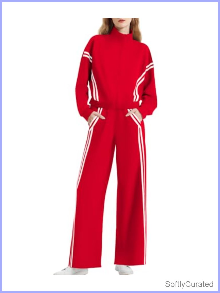 2 Piece Lounge Set Zip Up Sweat Suit Contrast Striped Wide Leg Jogging Pants